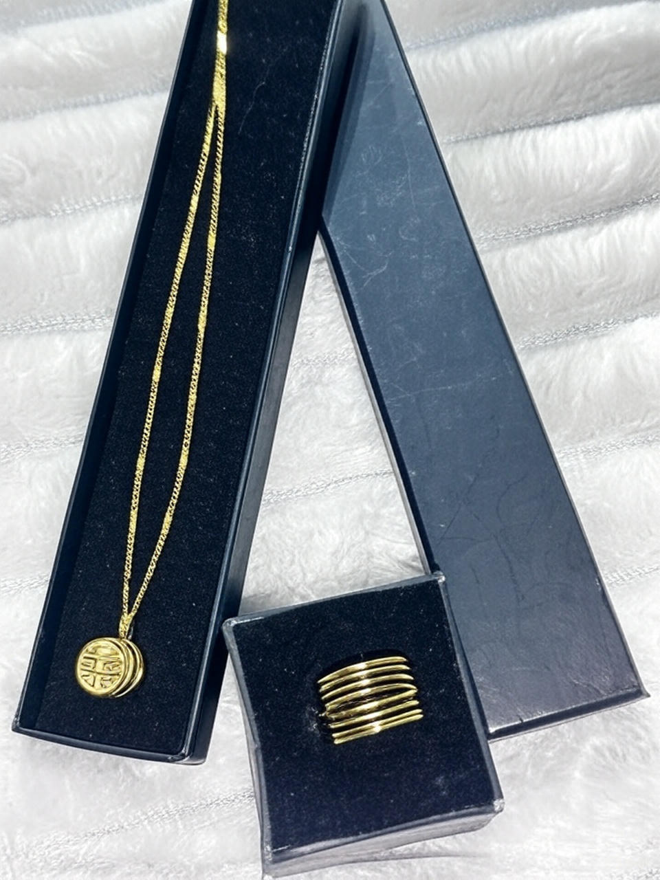 Stainless Steel Double Happiness Pendant Necklace and Stacked Ring Set - Gold-Tone Elegance