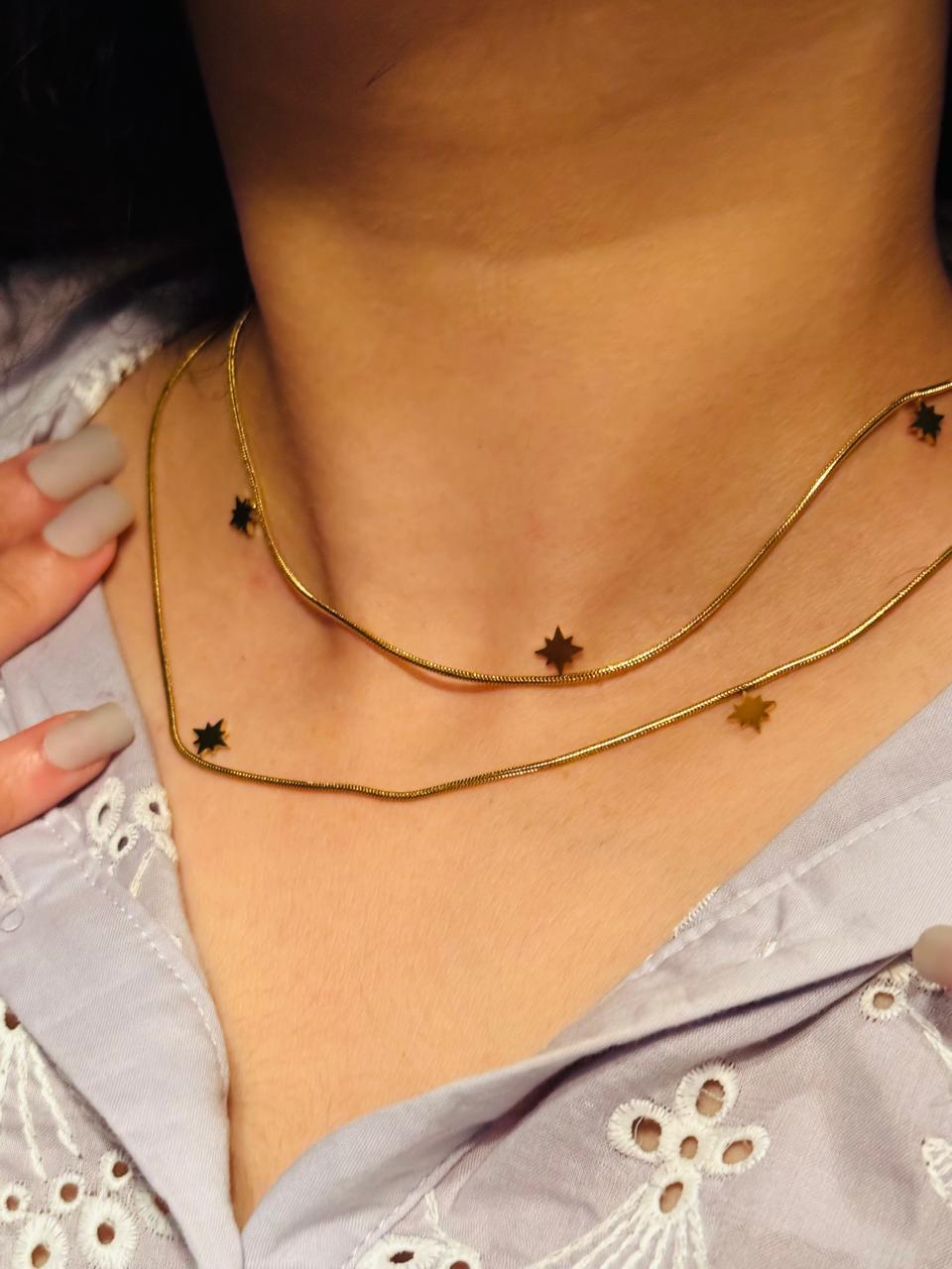 Layered Artificial Stainless Steel Necklace with Gold Star Charms - Multi-Strand Jewelry Set