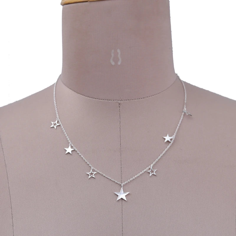 High-Polished Star-Themed Sterling Silver Charm Necklace