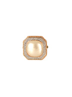 Gold Toned Off White Pearl Studded Engagement Luxe Square Adjustable Finger Rings