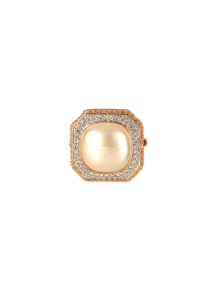 Gold Toned Off White Pearl Studded Engagement Luxe Square Adjustable Finger Rings
