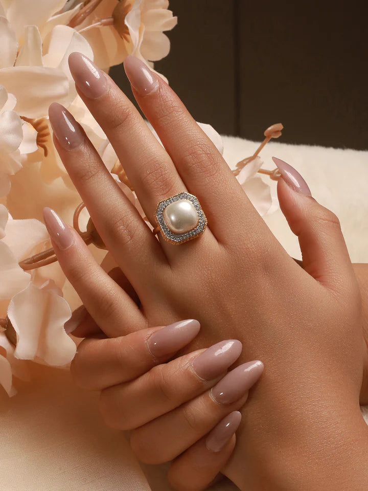 Gold Toned Off White Pearl Studded Engagement Luxe Square Adjustable Finger Rings
