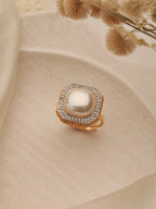 Gold Toned Off White Pearl Studded Engagement Luxe Square Adjustable Finger Rings