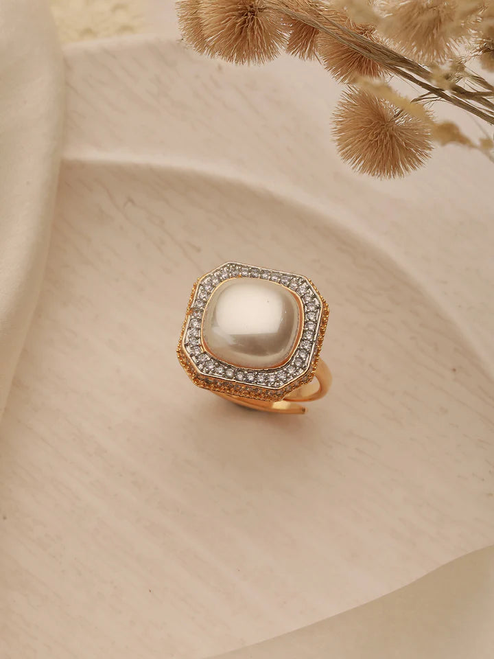 Gold Toned Off White Pearl Studded Engagement Luxe Square Adjustable Finger Rings