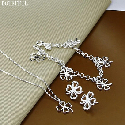 Sterling Silver Four leafed Clover Chian Necklace Bracelet Earring Set For Woman Wedding Engagement Fashion Jewelry
