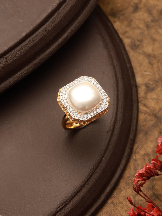 Gold Toned Off White Pearl Studded Engagement Luxe Square Adjustable Finger Rings