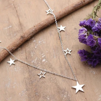 High-Polished Star-Themed Sterling Silver Charm Necklace