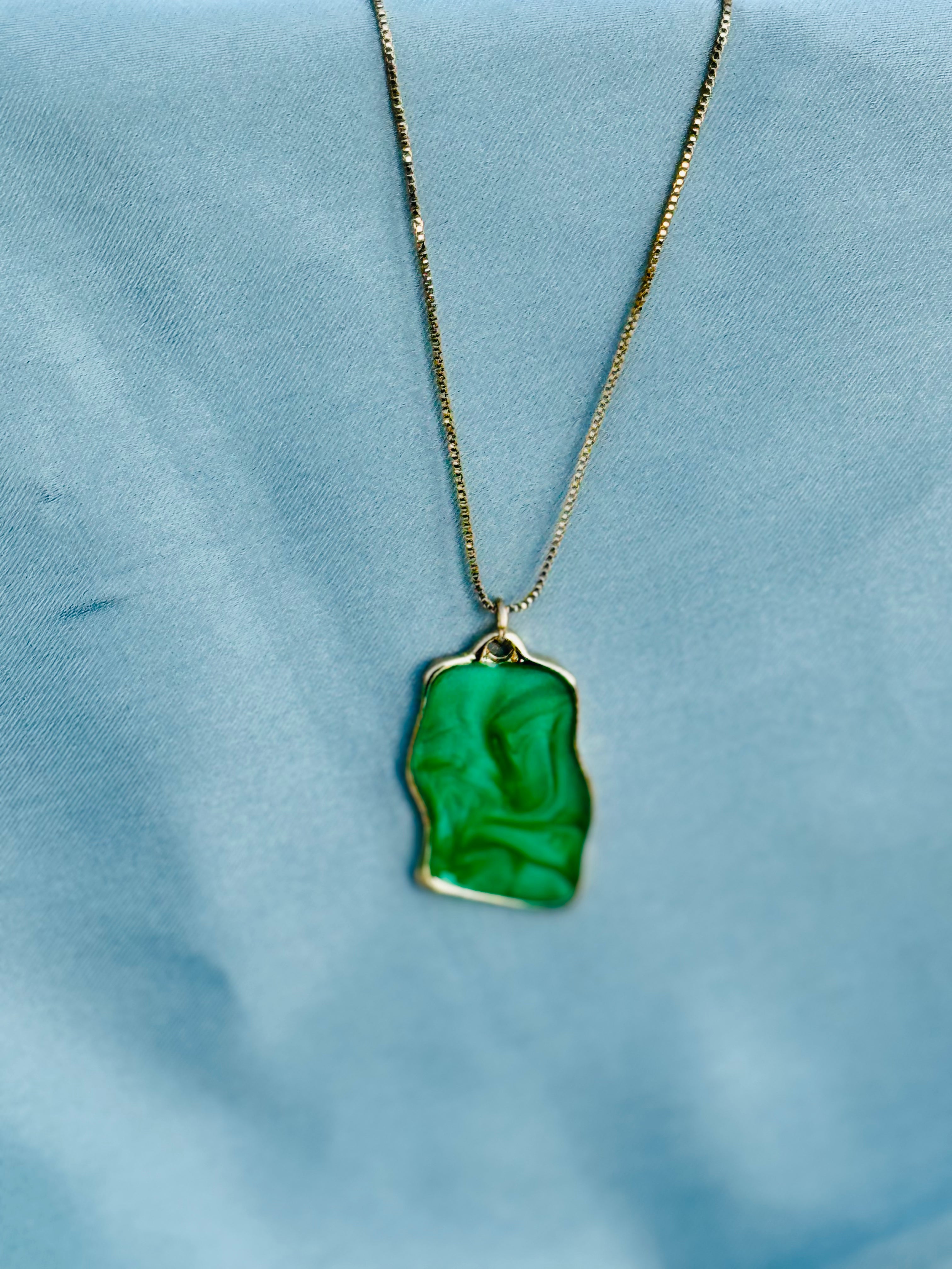 Stylish Gold Necklace with Green Marble Pendant