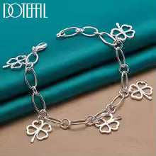 Sterling Silver Four leafed Clover Chian Necklace Bracelet Earring Set For Woman Wedding Engagement Fashion Jewelry
