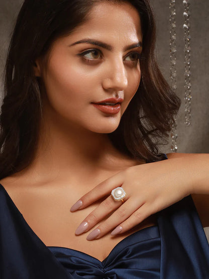 Gold Toned Off White Pearl Studded Engagement Luxe Square Adjustable Finger Rings