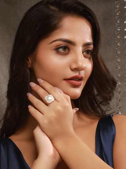 Gold Toned Off White Pearl Studded Engagement Luxe Square Adjustable Finger Rings