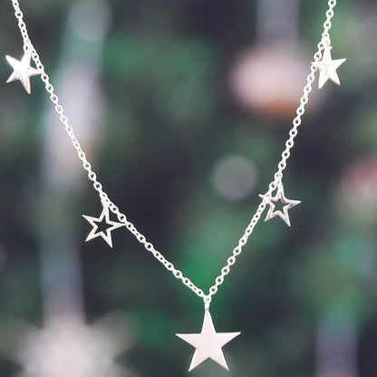 High-Polished Star-Themed Sterling Silver Charm Necklace