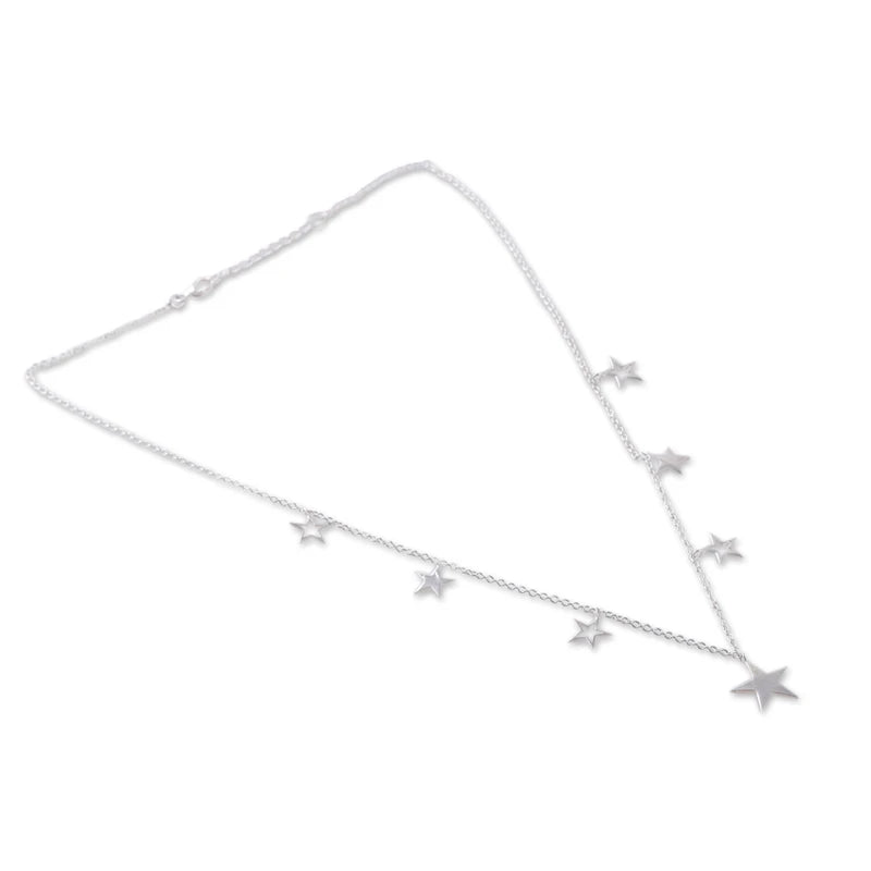 High-Polished Star-Themed Sterling Silver Charm Necklace