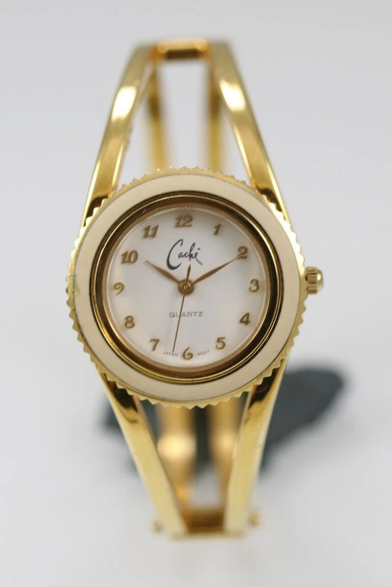 Watch For Women Gold Tone Cuff Clamper Round Whiteache Women Watch Stainless Gold Steel Water Resist Clip on Battery White Quartz